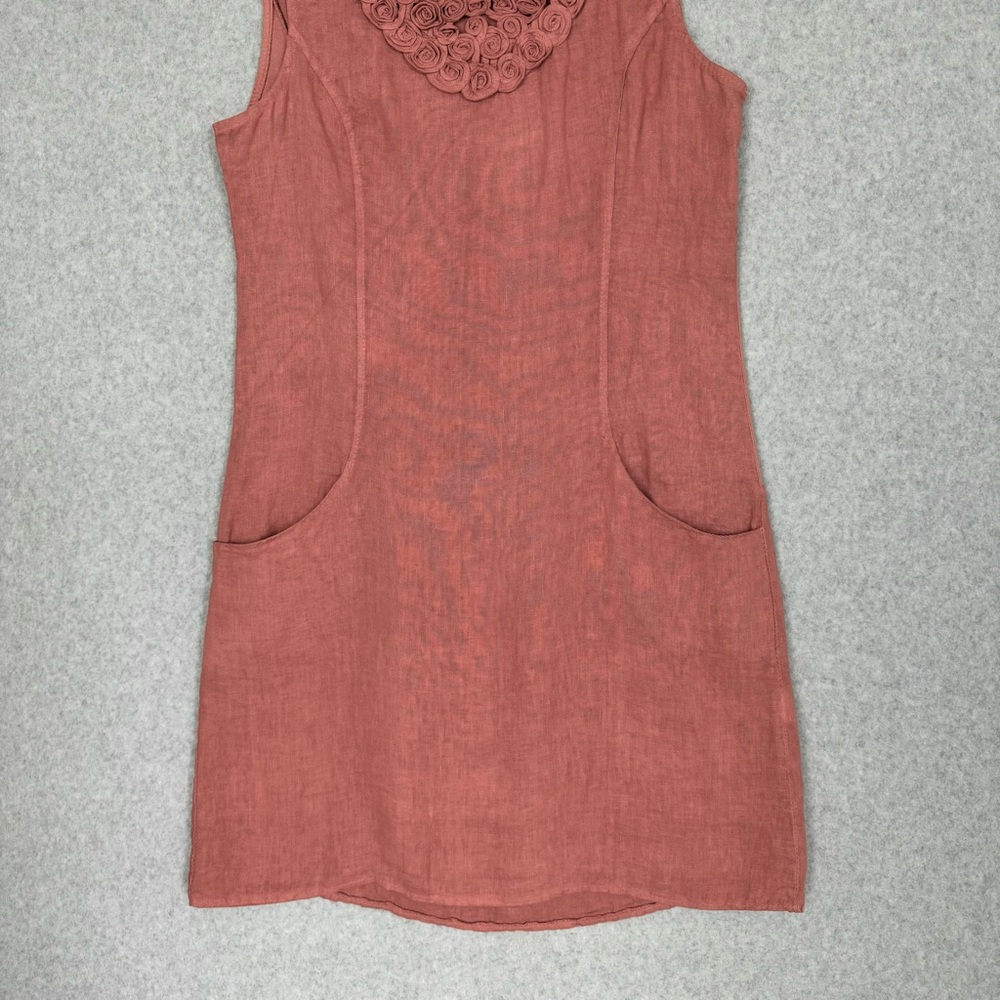 Lungo L'Arno 100% Linen Dress Womens Large Lagenlook Shift Pockets Rosette READ - Picture 5 of 14